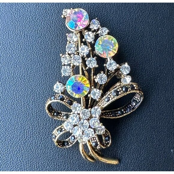 Brooch Pin 2.25" Flower Bouquet Ribbon Aurora Borealis Clear Black Rhinestones - Picture 2 of 4